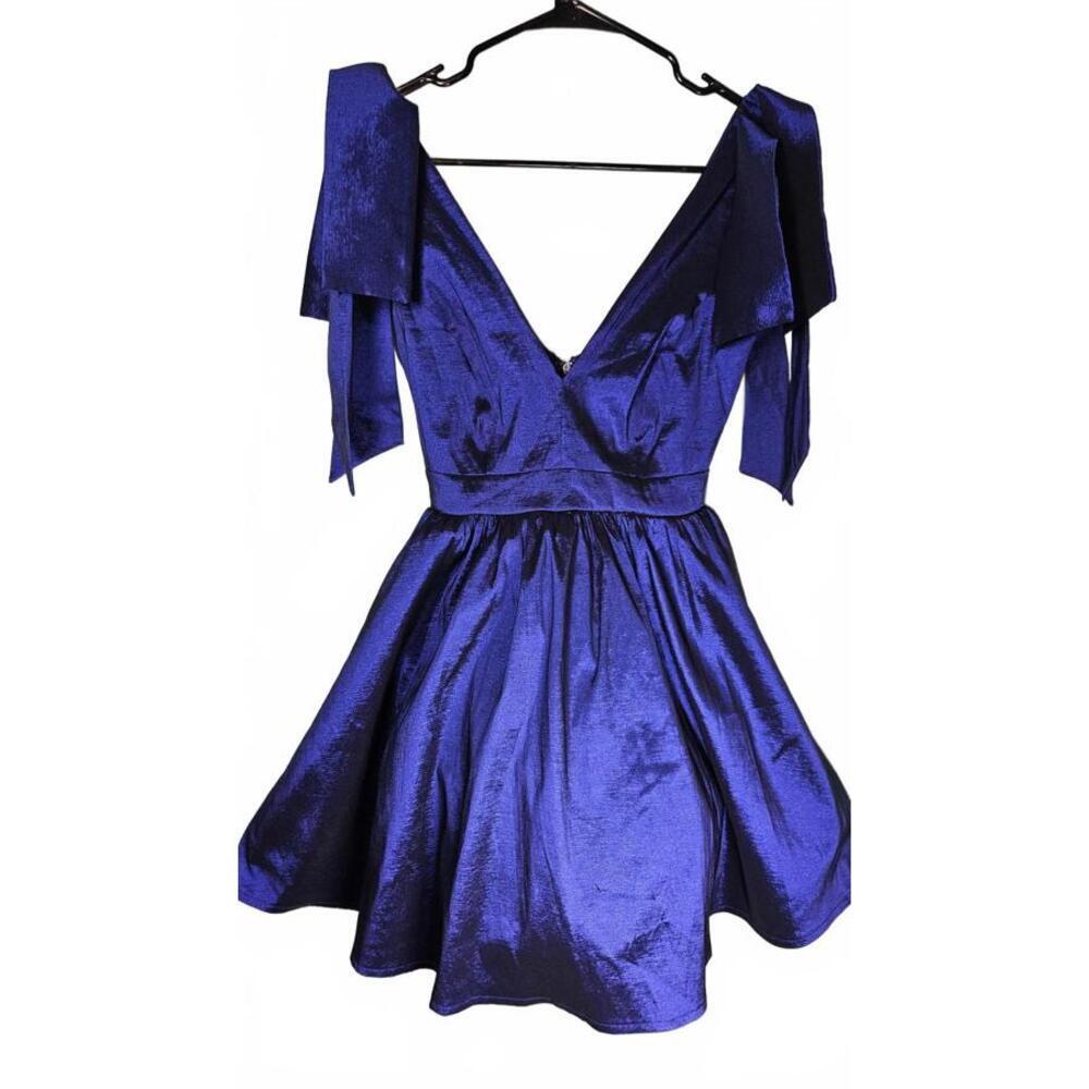 Windsor Blue Satin Mini Dress with Bow Sleeves XS NWT